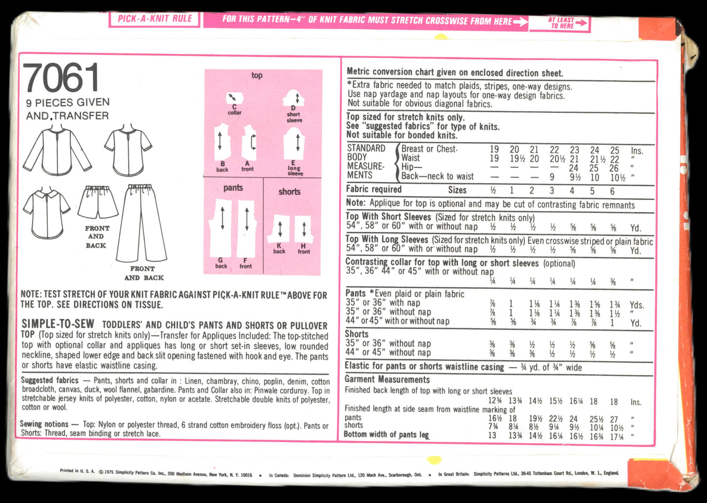 70s SImplicity 7061 Simple-To-Sew Toddlers' And Child's Pants or Shorts and Pullover Top Sewing Pattern - UNCUT - Size 3 or Size 4