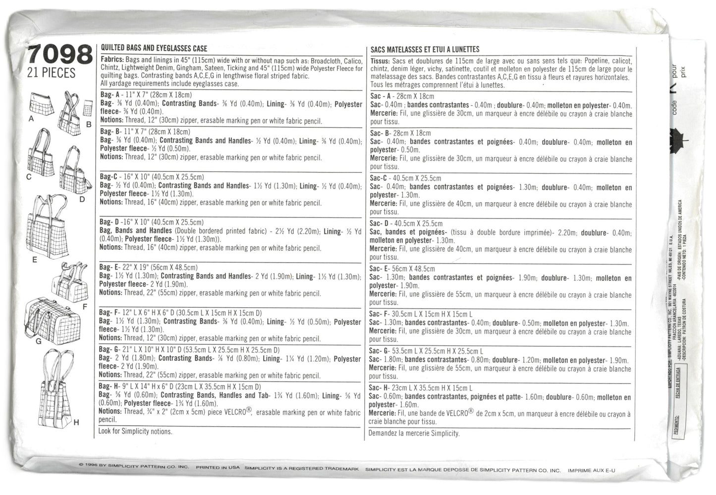 Simplicity 7098 Quilted Bags and Eyeglasses Case Sewing Pattern - UNCUT