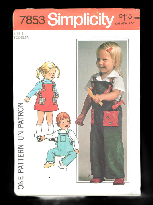 70s SImplicity 7853 Toddlers Jumper and Coveralls Sewing Pattern - UNCUT - Size 1 or Size 2