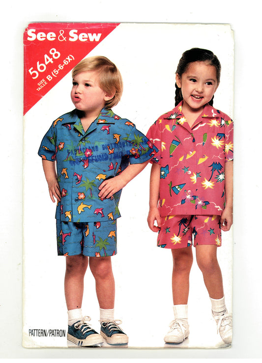 See and Sew 5648 Girls and Boys Shirt and Shorts Sewing Pattern - UNCUT - Size 5 6 6X