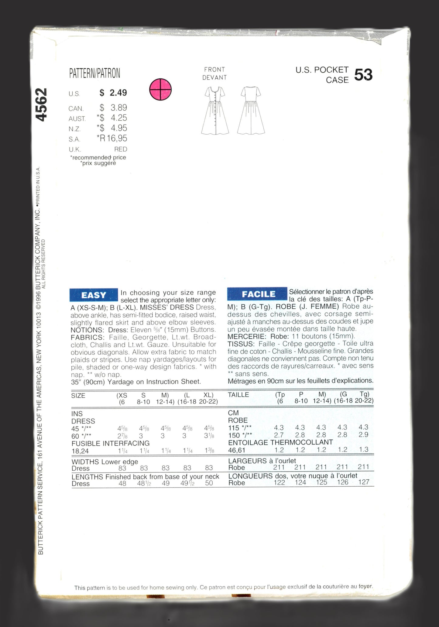 See and Sew 4562 Misses Dress Sewing Pattern - UNCUT - Size Xs S M