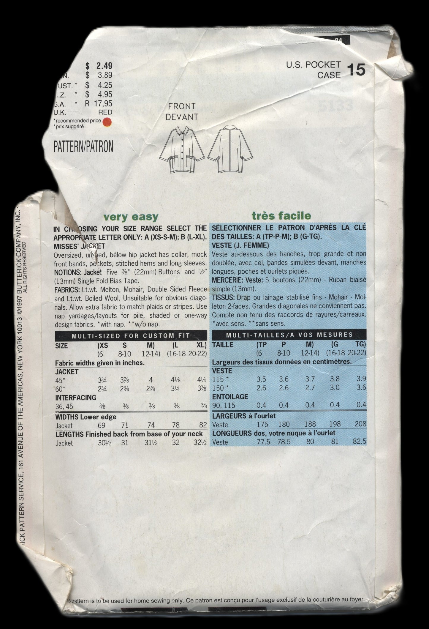 See and Sew 5133 Misses Jacket Sewing Pattern - UNCUT - Size L -XL