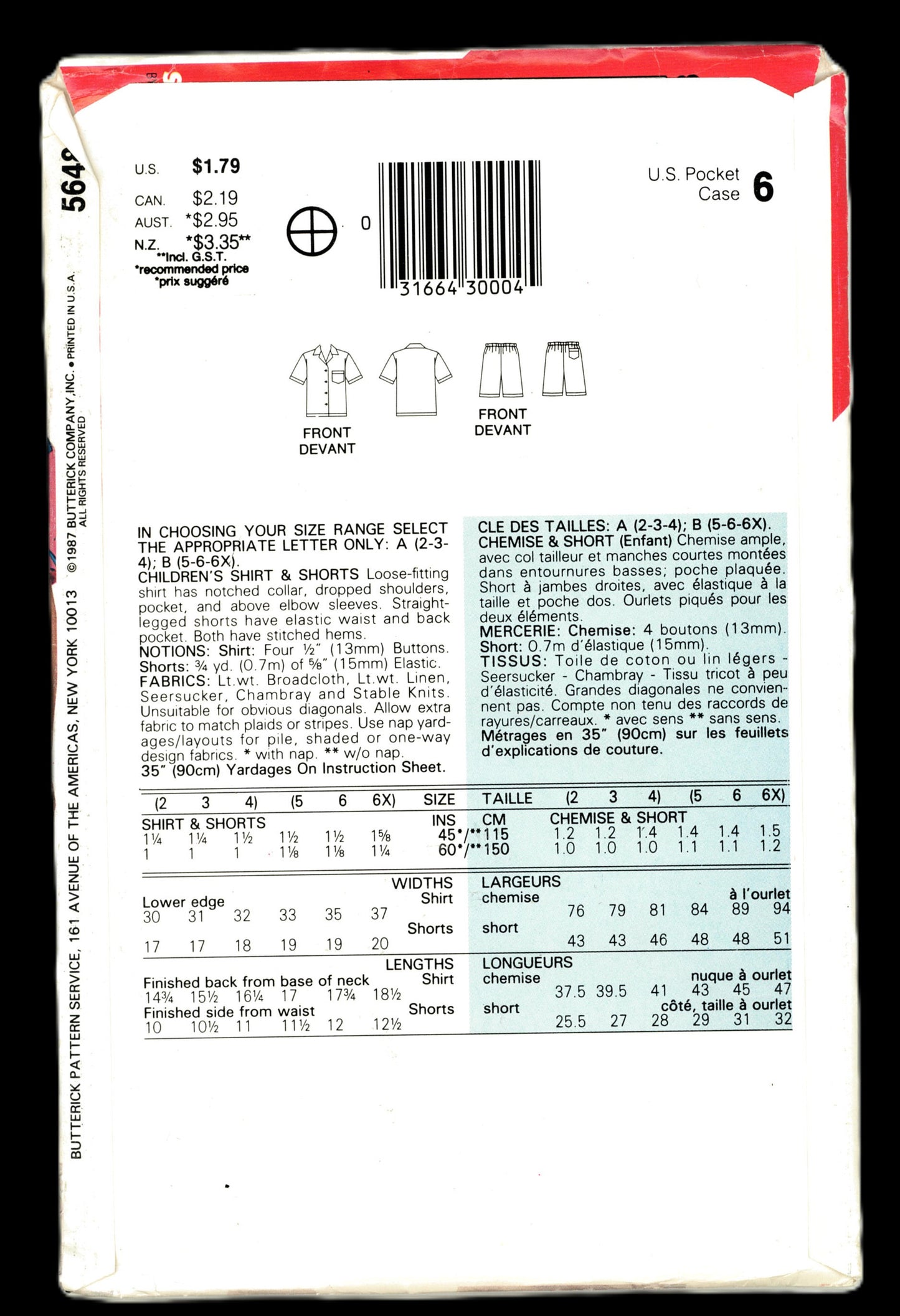 See and Sew 5648 Girls and Boys Shirt and Shorts Sewing Pattern - UNCUT - Size 5 6 6X