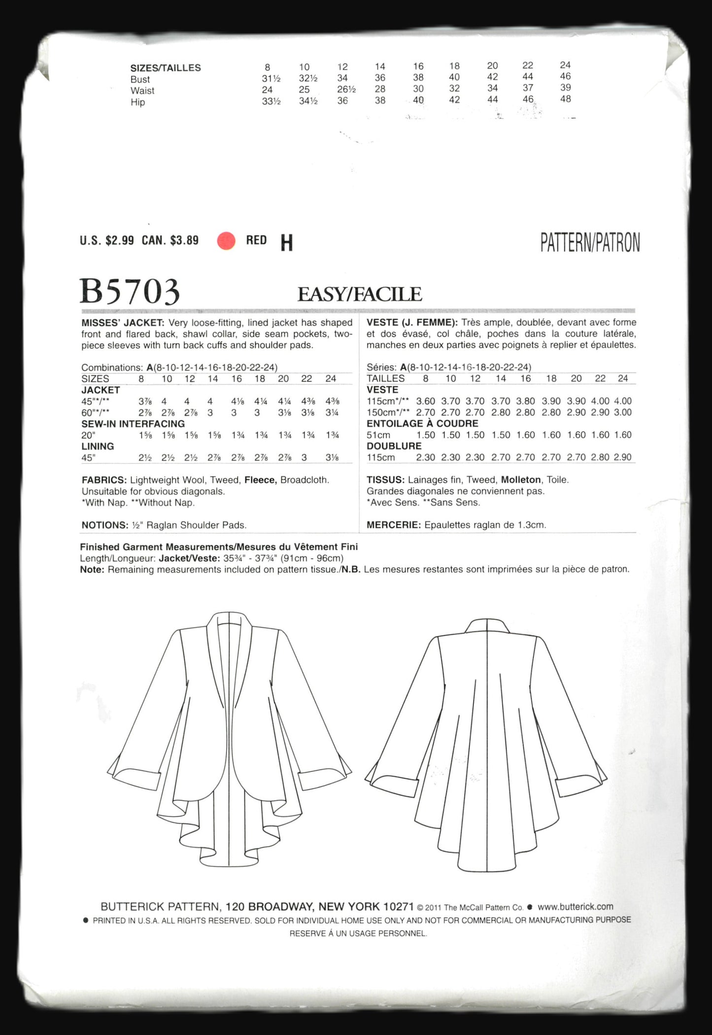See and Sew 5703 Misses Jacket Sewing Pattern - UNCUT -  Size 8 10 12 14 16 18 20 22 24