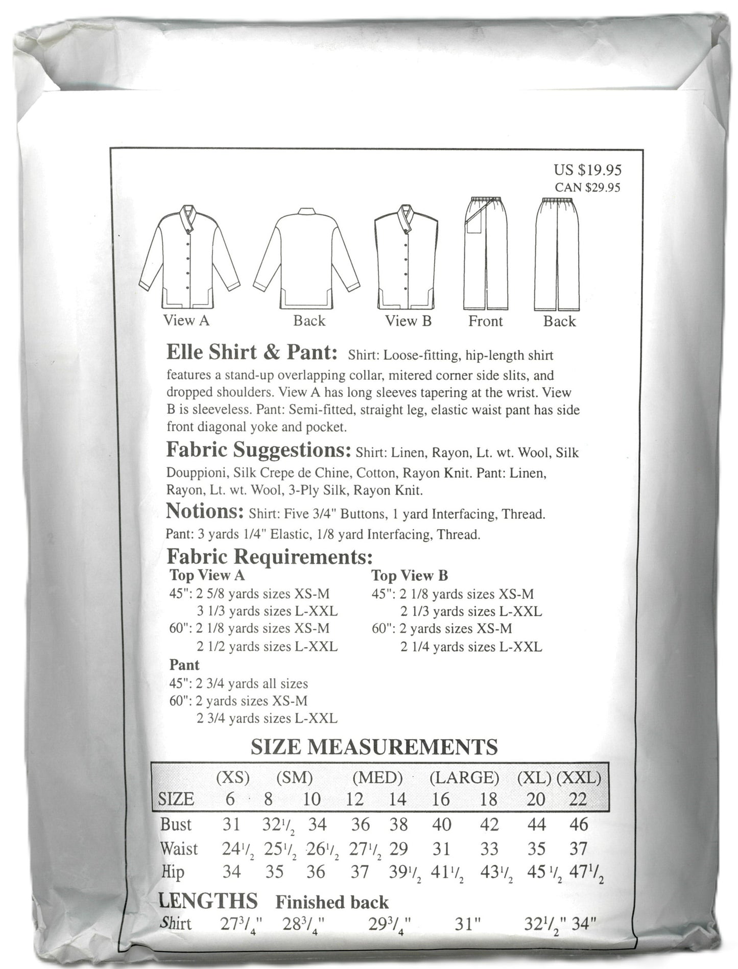 The Sewing Workshop Misses Elle Shirt and Pants Sewing Pattern - UNCUT Size Xs Sm M L XL XXL