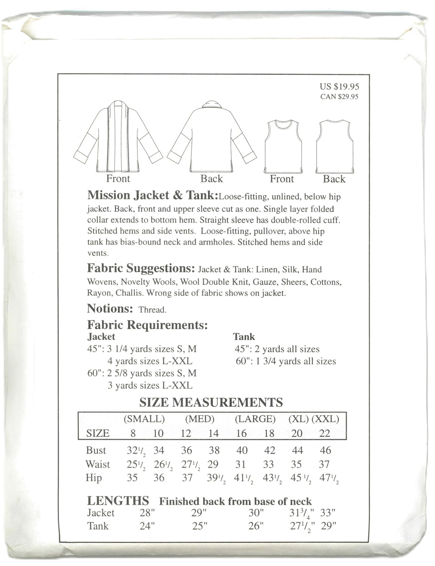 The Sewing Workshop Misses Mission Jacket and Tank Sewing Pattern - UNCUT Size S M L XL XXL