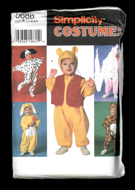 Simplicity 0688 Toddlers Animals Bear, Dog, Pig, Bunny and TigerCostumes Sewing Pattern - UNCUT - Size 1/2 1 2 3 4