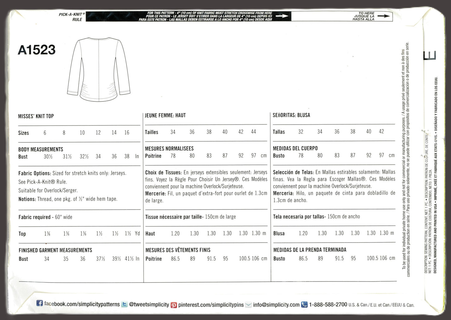 Simplicity 1523 Misses Knit Top Sewing Pattern - UNCUT - Size 6 - 16