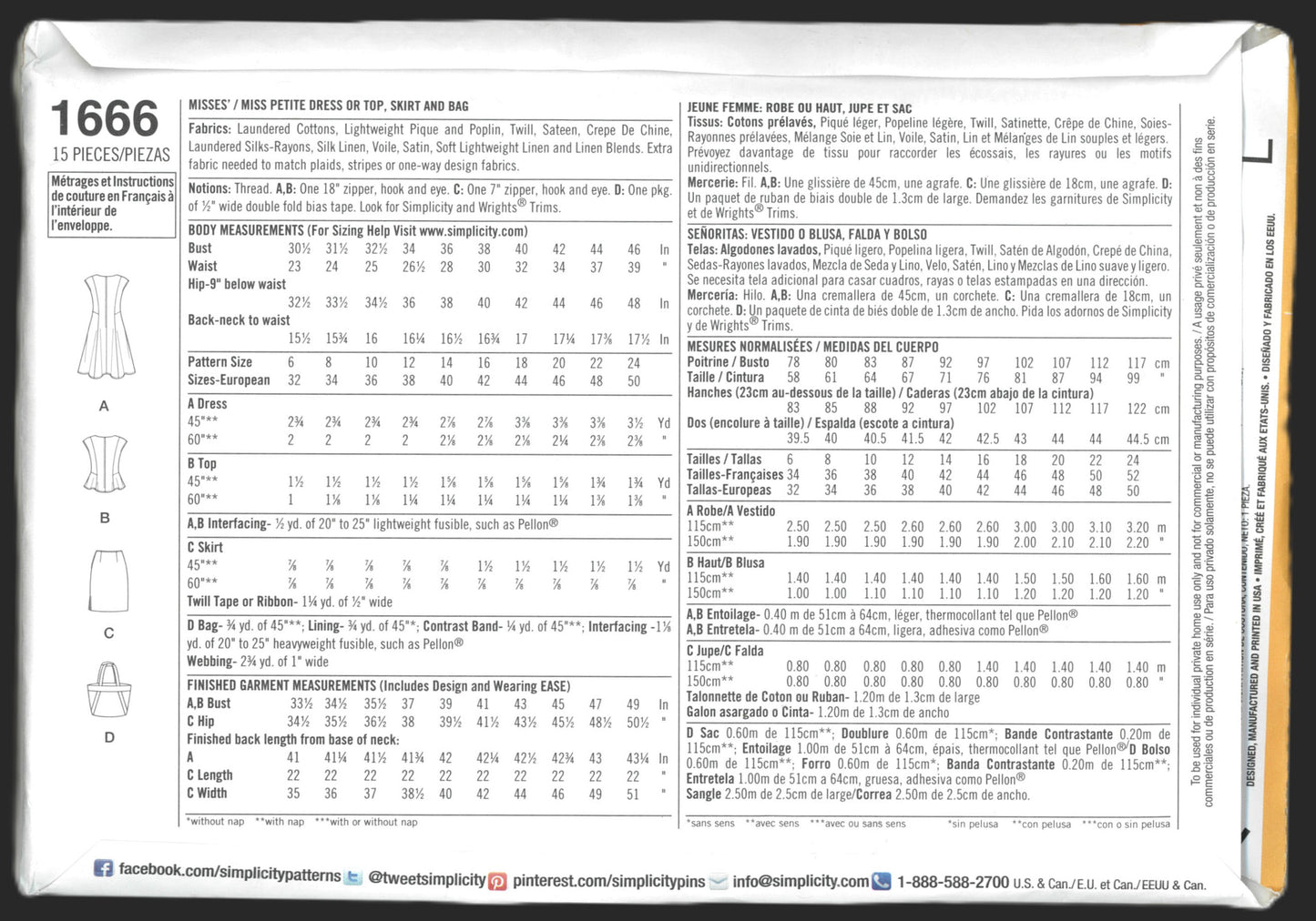 Simplicity 1666 Lisette Misses / Miss Petite Dress or Top, Skirt and Bag Sewing Pattern UNCUT - Size 6 - 14