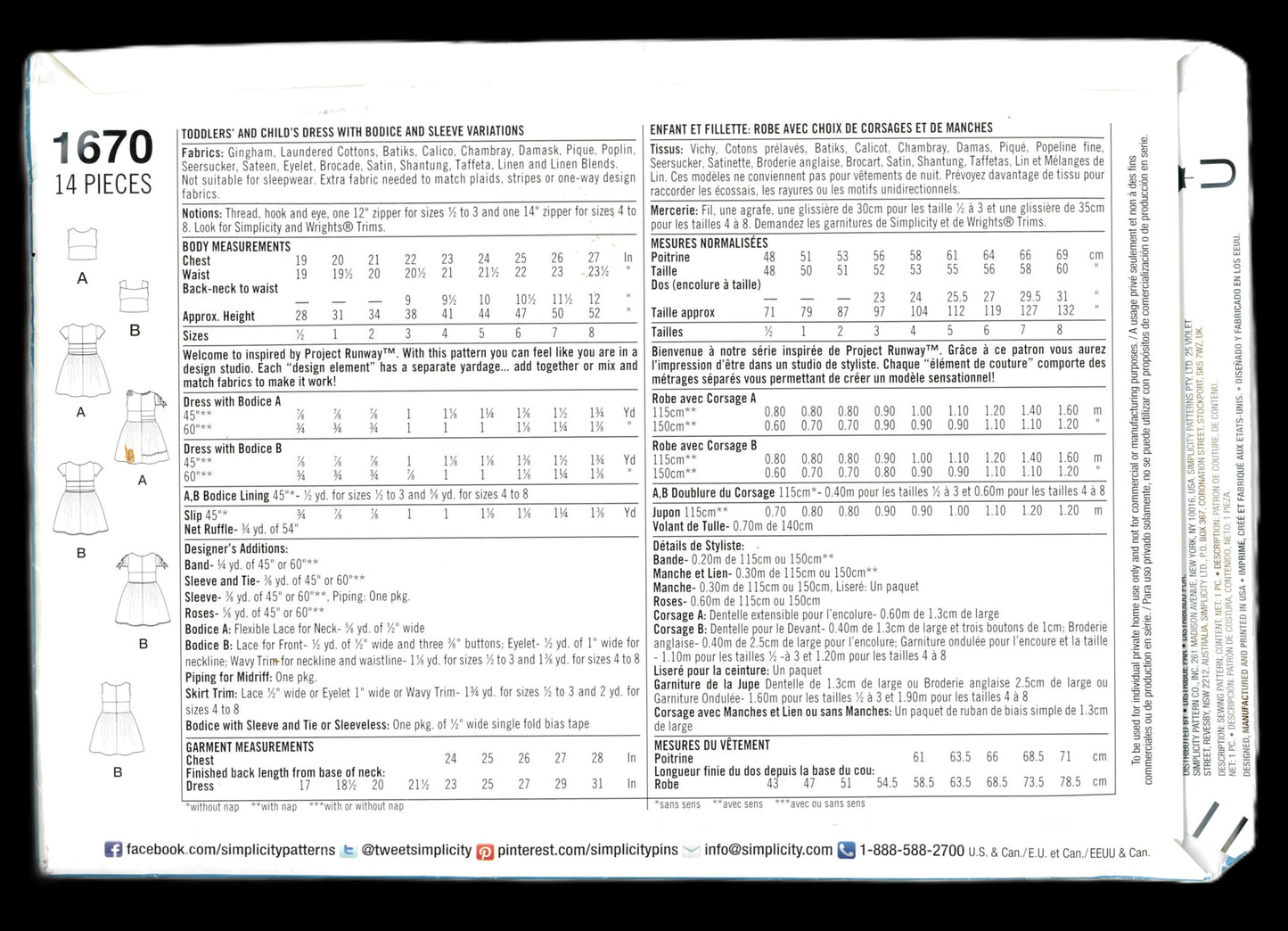 Simplicity 1670 Girls Dress with Bodice and Sleeve Variations Sewing Pattern - UNCUT Size 4 5 6 7 8