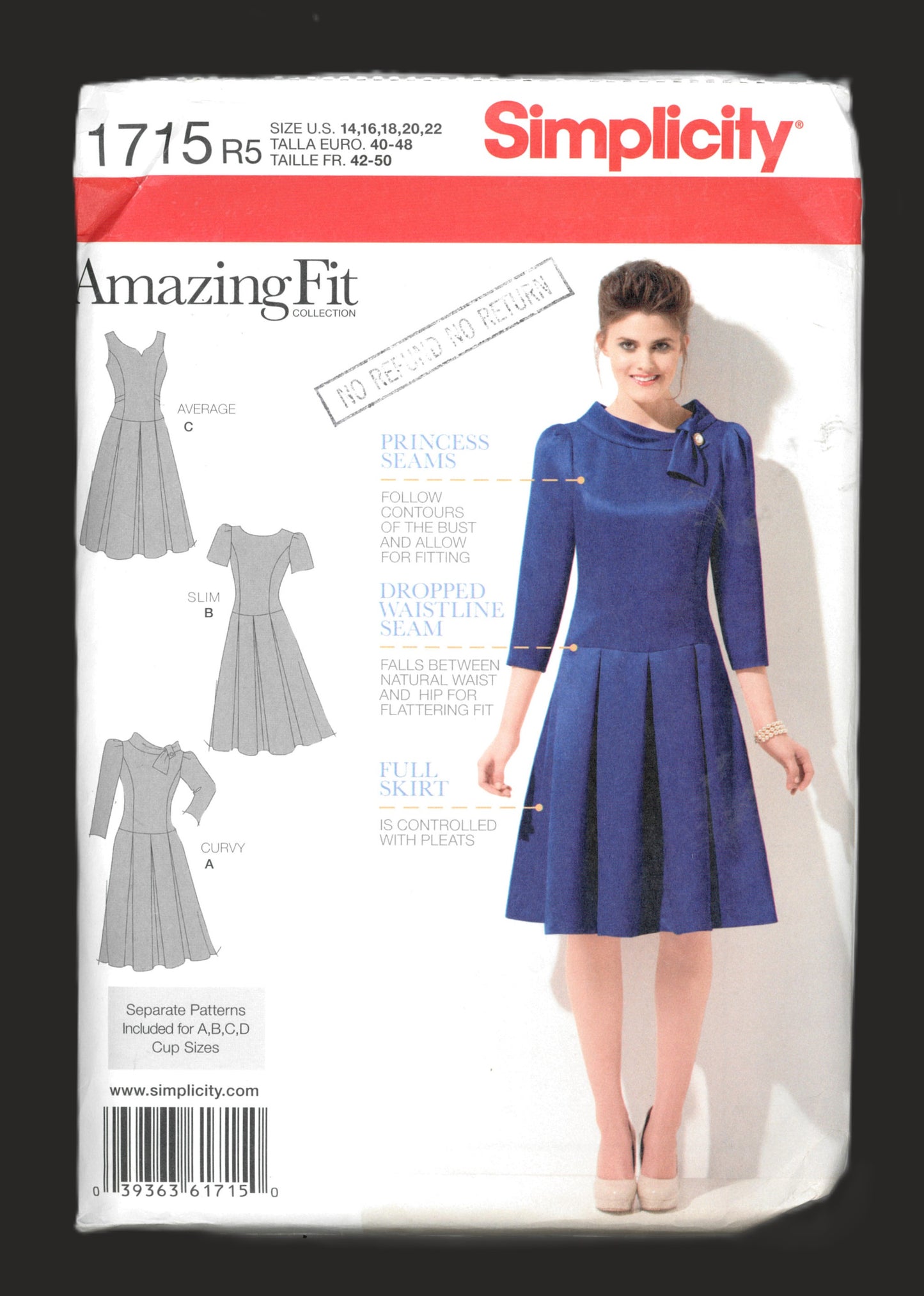 Simplicity 1715 Amazing Fit Misses / Miss Petite Dress with Individual Pattern Pieces for Slim Average and Curvey Fit and For A B,C,D  Cup Sizes Sewing Pattern UNCUT - Size 14 16 18 20 22