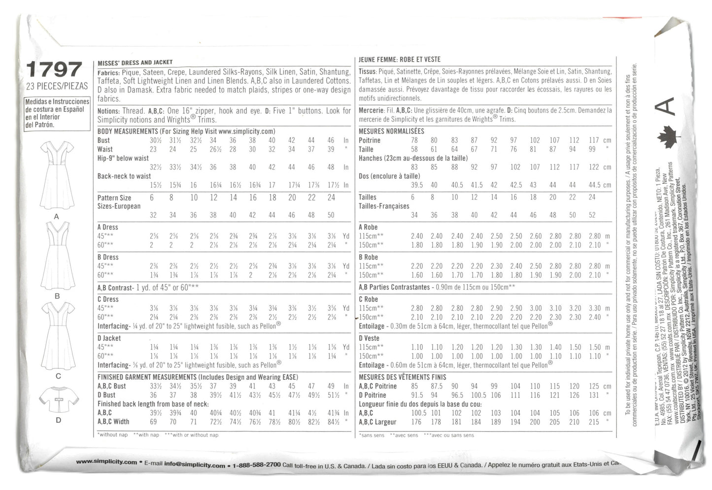 Simplicity 1797 Misses Dress and Jacket Sewing Pattern UNCUT Size 6 8 10 12 14