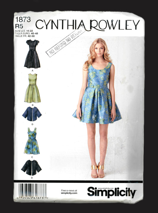 Simplicity 1873 Cynthia Rowley Misses / Miss Petite Dress in Two Lengths and Loose Fitting Cape Jacket Sewing Pattern UNCUT Size 14 16 18 20 22