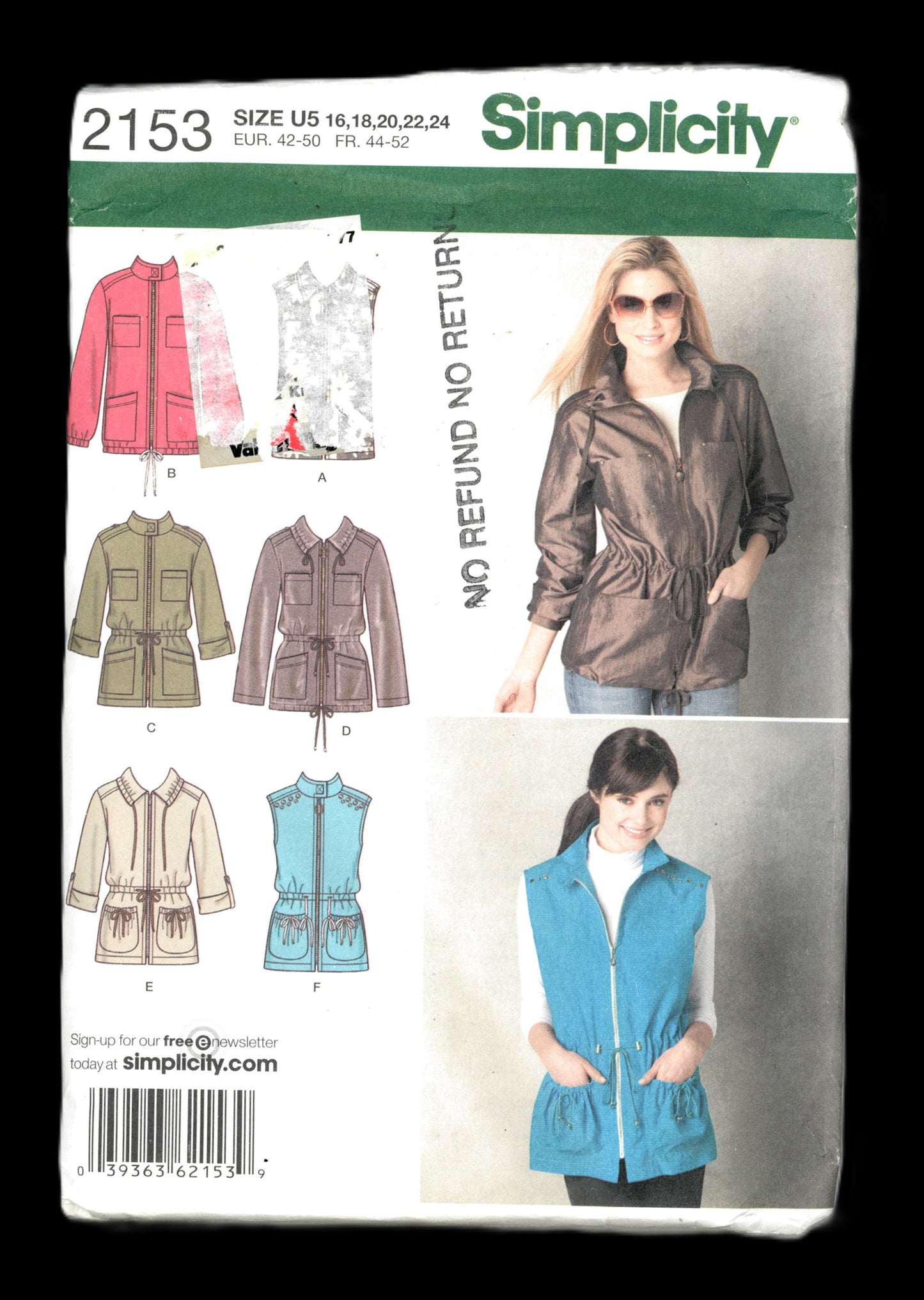 Simplicity 2153 Misses Anorak with Sleeve and collar Variations Sewing Pattern UNCUT  Size 16 18 20 22 24