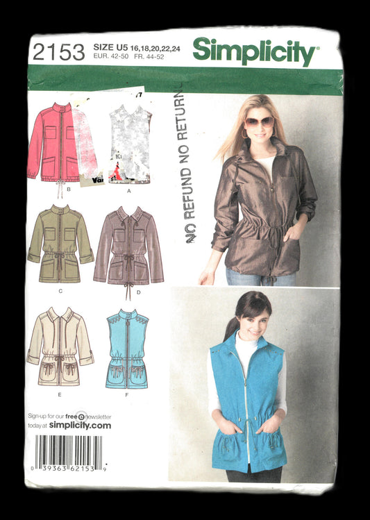 Simplicity 2153 Misses Anorak with Sleeve and collar Variations Sewing Pattern UNCUT  Size 16 18 20 22 24