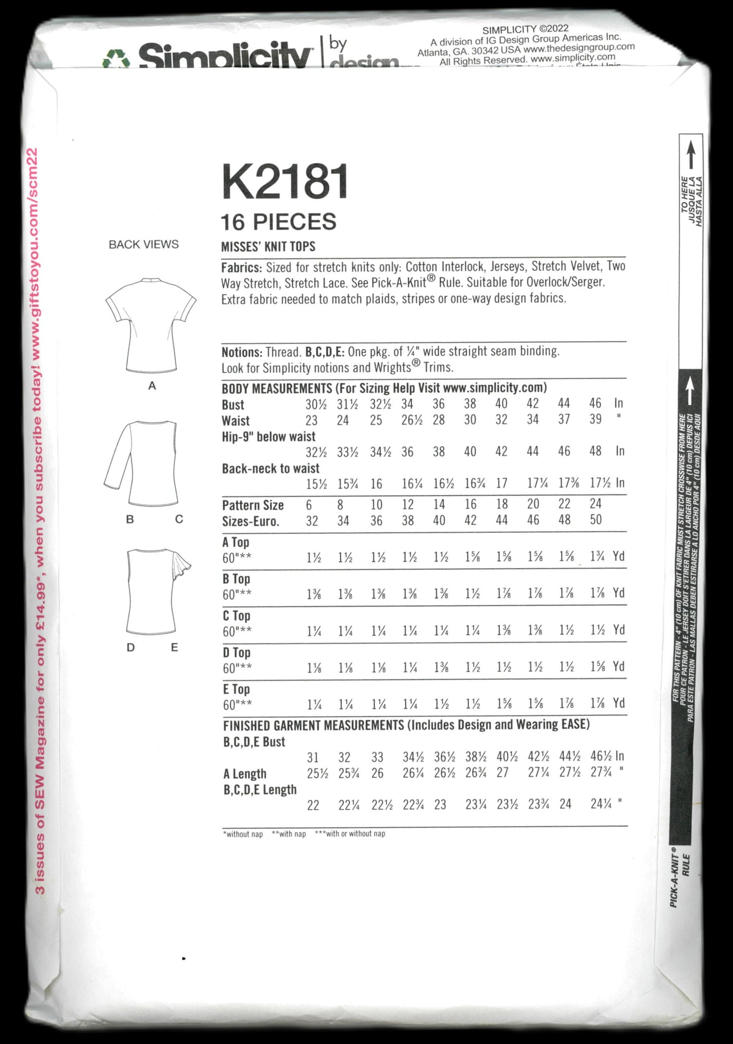 Simplicity 2181 (K2181 ) Misses Knit Tops Sewing Pattern - UNCUT - Size 6 8 10 12 14