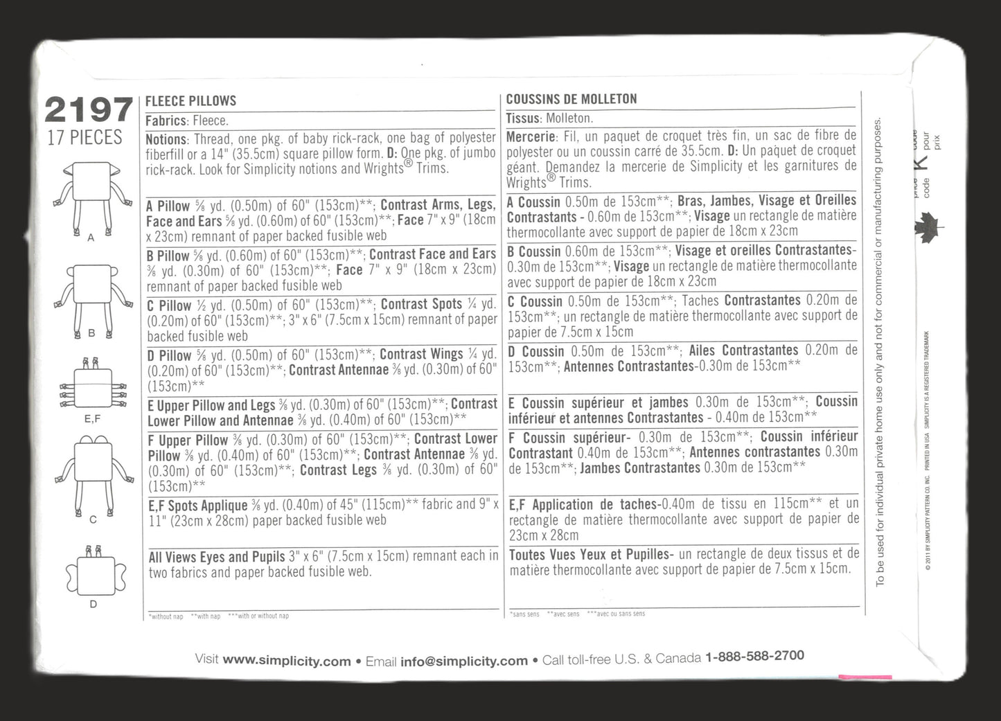 Simplicity 2197 Fleece Pillows Sewing Pattern UNCUT