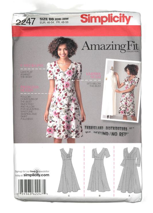 Simplicity 2247 Amazing Fit Women's Dress with Individual Pattern Pieces for B,C,D cup or C,D, DD Cup Sizes Sewing Pattern UNCUT - Size 20w 22w 24w 26w