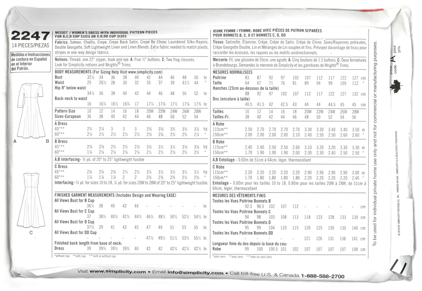 Simplicity 2247 Amazing Fit Women's Dress with Individual Pattern Pieces for B,C,D cup or C,D, DD Cup Sizes Sewing Pattern UNCUT - Size 20w 22w 24w 26w