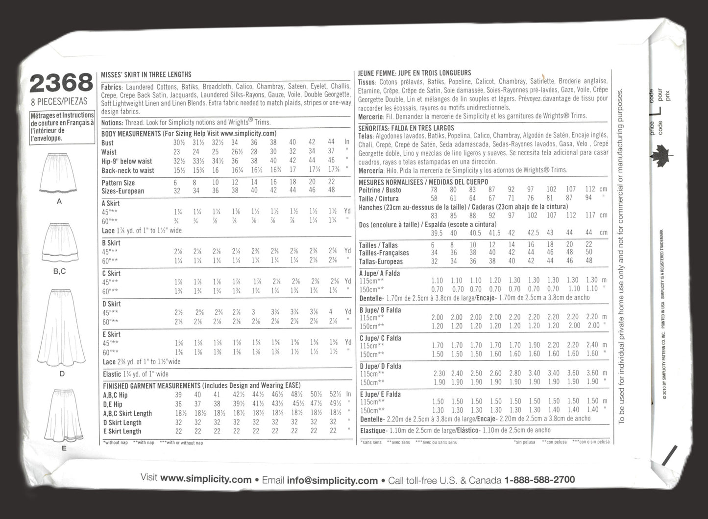 Simplicity 2368 Misses Skirt in Three Lengths  Sewing Pattern - UNCUT - Size 6 8 10 12 14