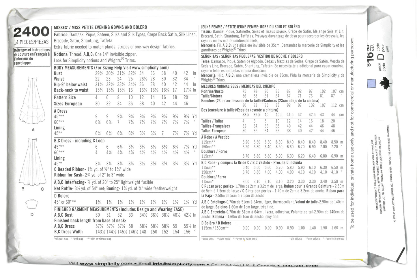 Simplicity 2400 Jessica McClintock Misses / Miss Petite Evening Gowns and Bolero  Sewing Pattern - UNCUT - Size 4 6 8 10 12