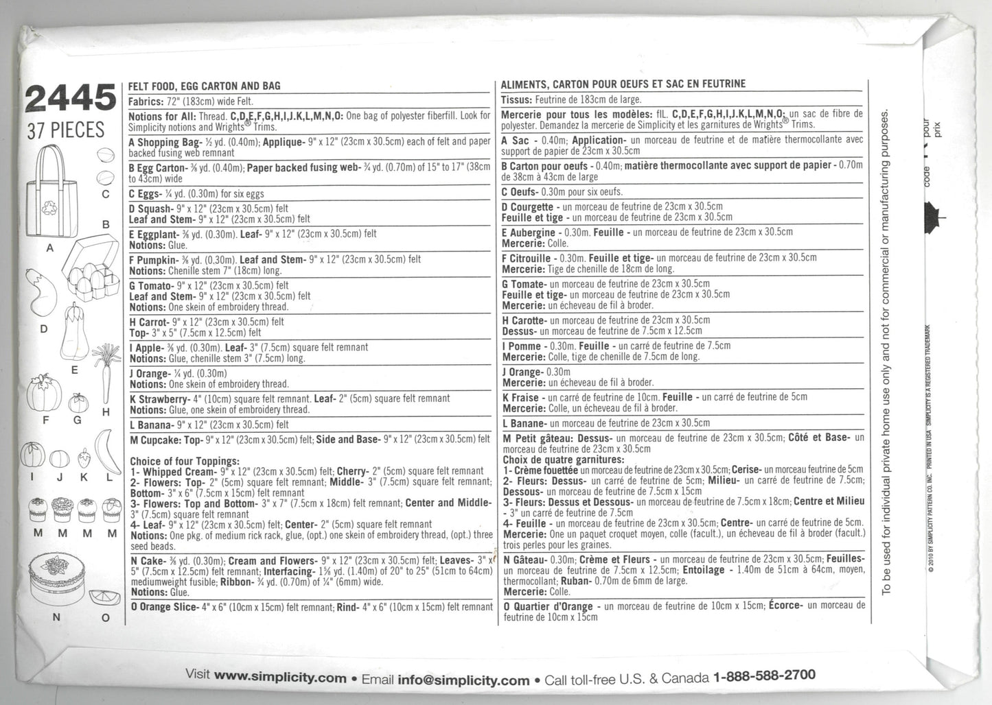 Simplicity 2445 Felt Food, Egg Carton and Bag Sewing Pattern UNCUT