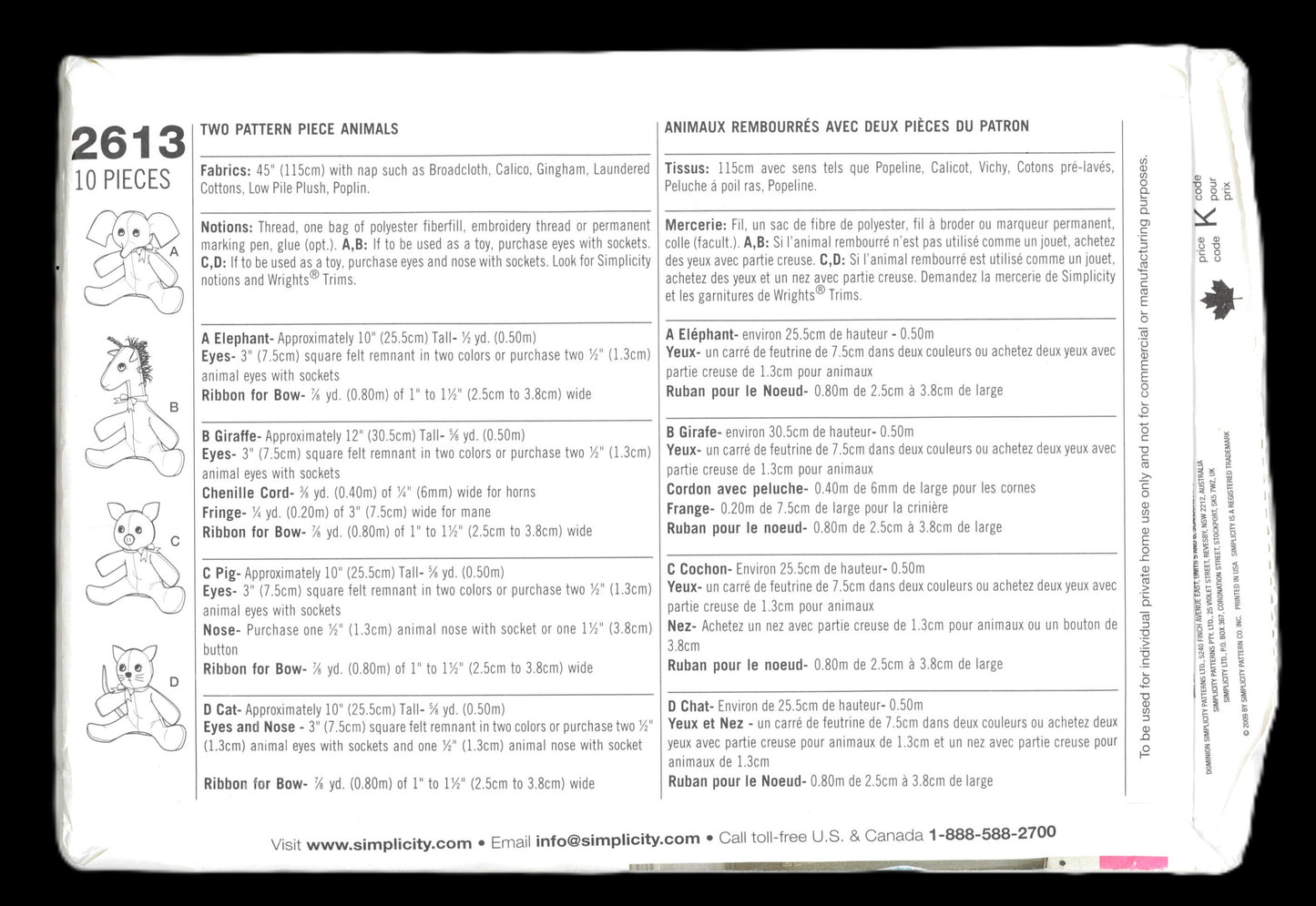 Simplicity 2613 Elaine Heigl Two Pattern Piece Animals Sewing Pattern UNCUT