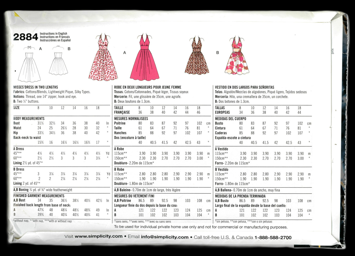 Simplicity 2884 Misses Dress in Two Lengths Sewing Pattern UNCUT Size 8 - 18