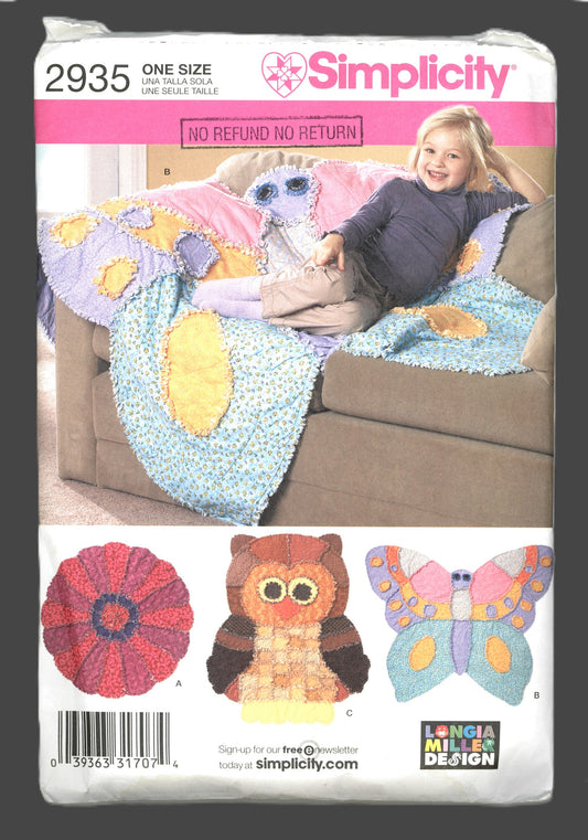 Simplicity 2935 Rag Quilts Sewing Pattern UNCUT Butterfly, Owl and Flower Rag Quilt