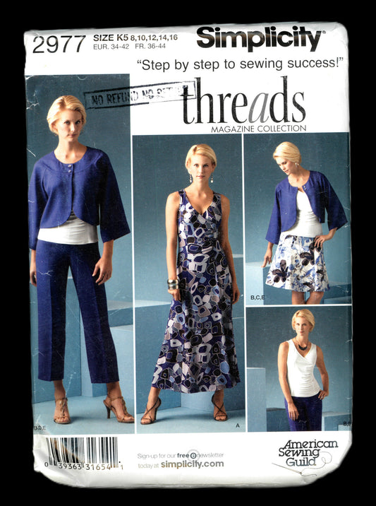 Simplicity 2977 THREADS Misses Skirt Pants Jacket and Knit Dress or Top Sewing Pattern - UNCUT - Size 8 10 12 14 16