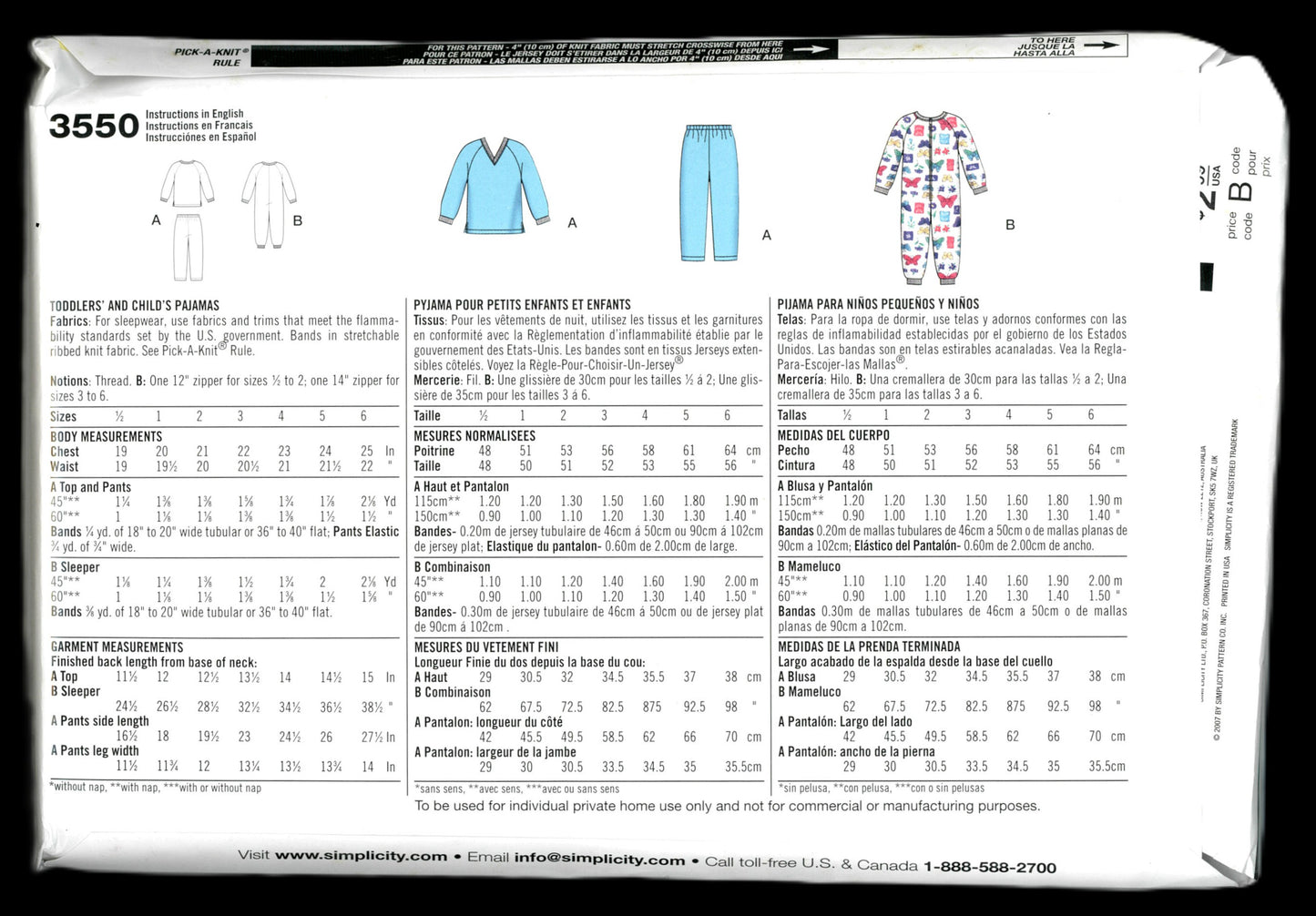 Simplicity 3550 Toddlers and Childs Pajamas Sewing Pattern UNCUT Size 1/2 - 6