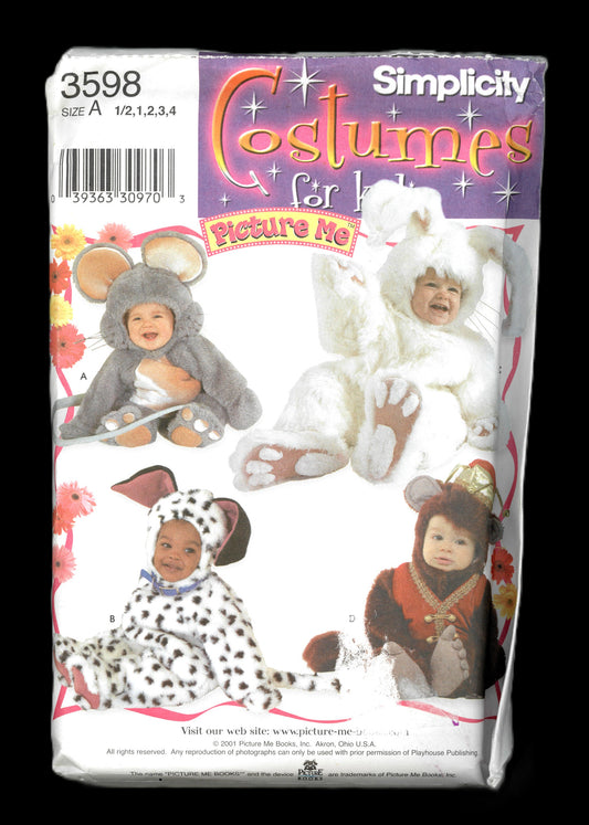 Simplicity 3598 Toddlers  Mouse Buuny Puppy and Monkey Costumes Sewing Pattern - UNCUT - Size 1/2 1 2 3 4