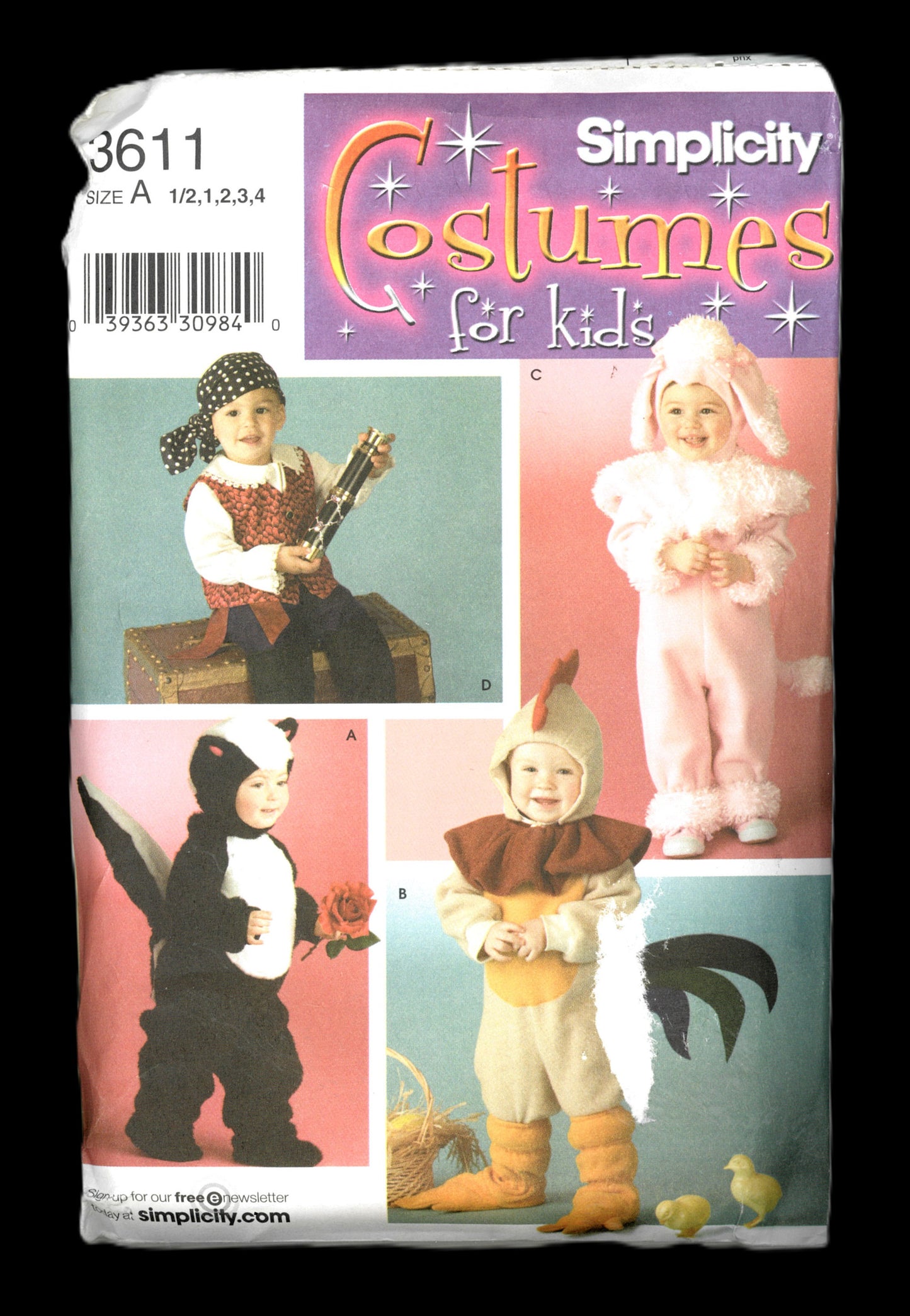 Simplicity 3611 Toddlers Pirate, Bunny, Skunk and Chicken Costumes Sewing Pattern - UNCUT - Size 1/2 1 2 3 4