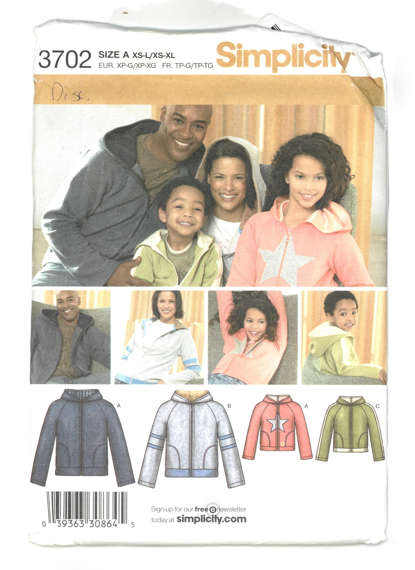 Simplicity 3702 Unisex Child's Teens and Adults Knit Hooded Sweatshirt Sewing Pattern UNCUT Childs Size XS S M L Adults XS S M L XL