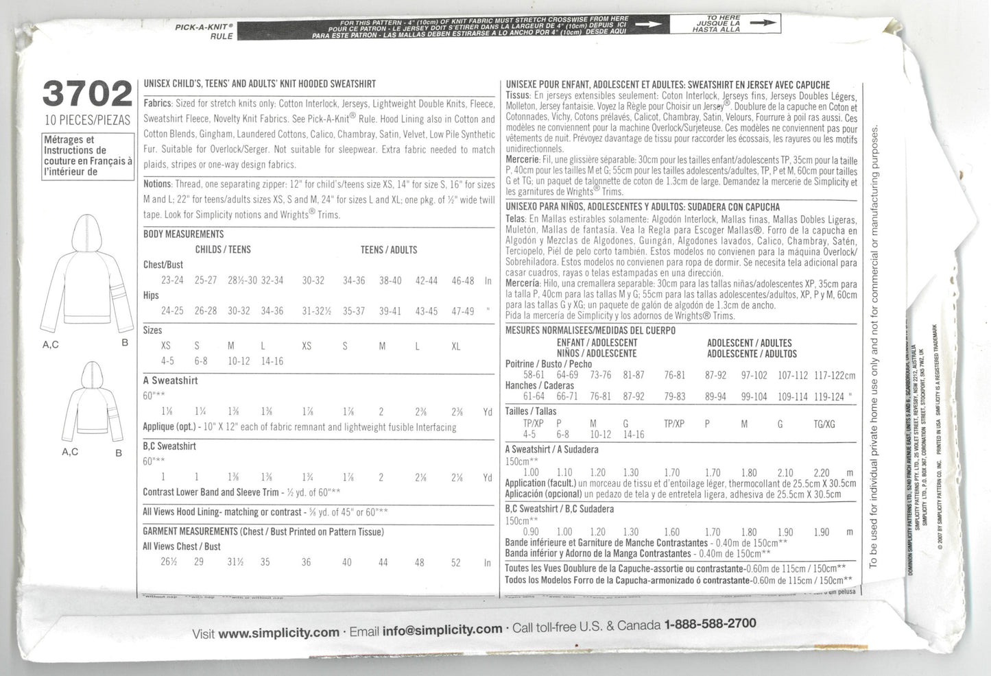 Simplicity 3702 Unisex Child's Teens and Adults Knit Hooded Sweatshirt Sewing Pattern UNCUT Childs Size XS S M L Adults XS S M L XL