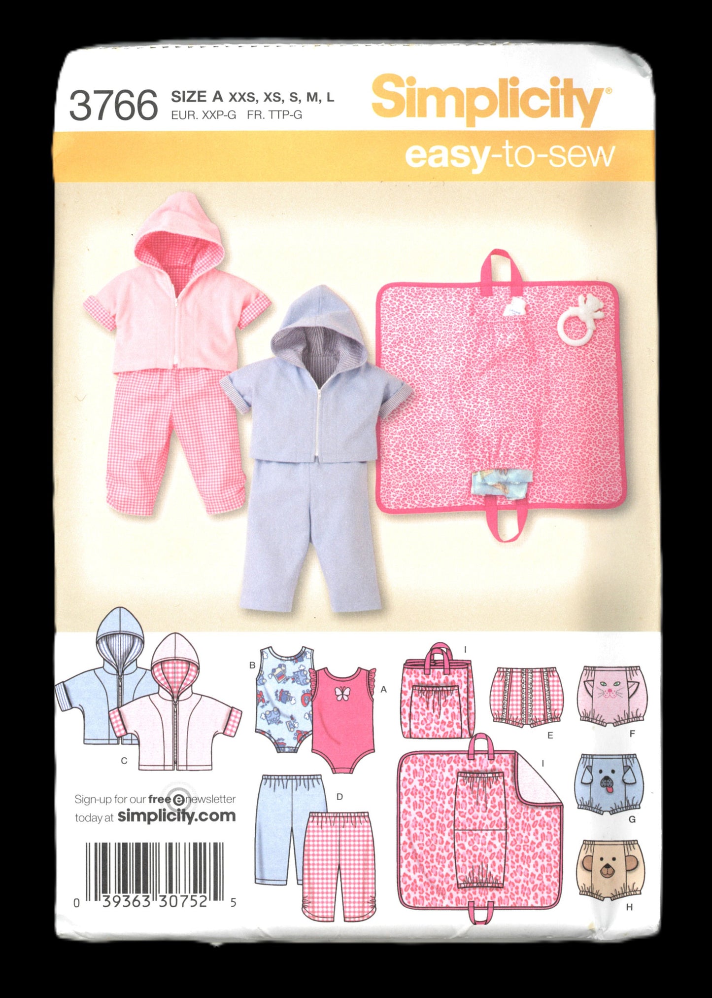 Simplicity 3766 babies Diaper Cover Hoody Changing Pad and Knit Body Suit Sewing Pattern - UNCUT - Size XXS XS S M L