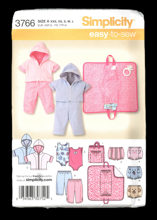 Simplicity 3766 babies Diaper Cover Hoody Changing Pad and Knit Body Suit Sewing Pattern - UNCUT - Size XXS XS S M L