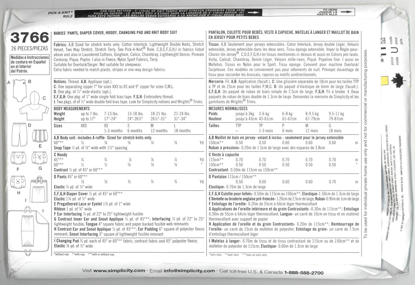 Simplicity 3766 babies Diaper Cover Hoody Changing Pad and Knit Body Suit Sewing Pattern - UNCUT - Size XXS XS S M L