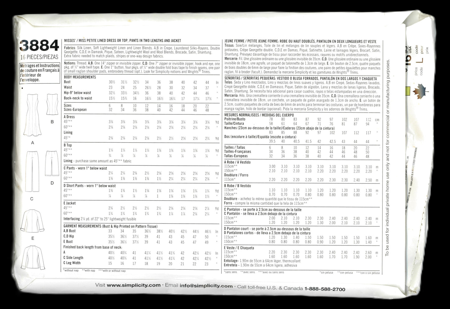 Simplicity 3884 THREADS Misses / Miss Petite Lined Dress or Top, Pants in Two Lengths and Jacket Sewing Pattern - UNCUT - Size 6 8 10 12 14