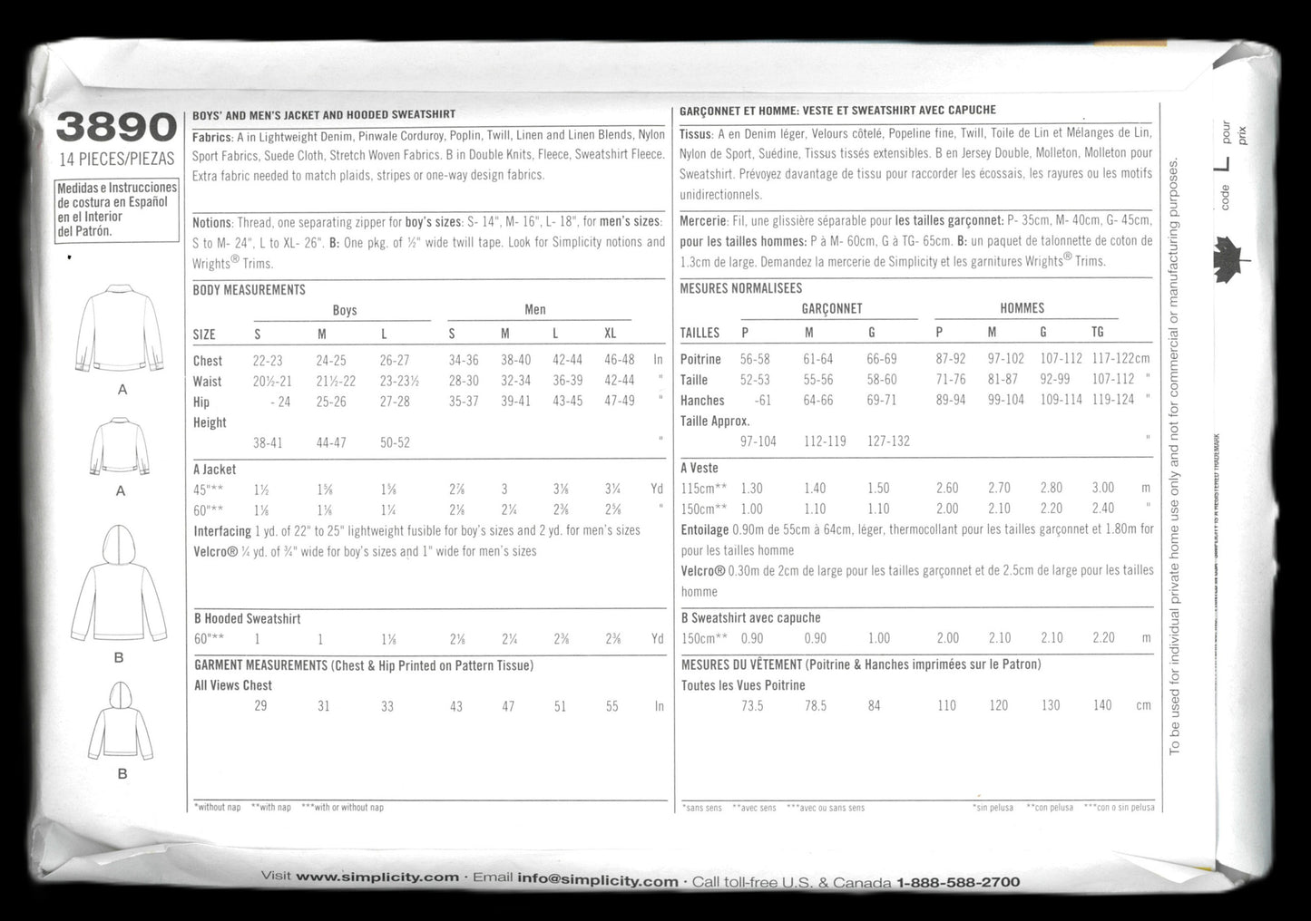 Simplicity 3890 Boys and Men's Jacket and Hooded Sweatshirt Sewing Pattern UNCUT Boys Size S M L Mens Size S M L XL