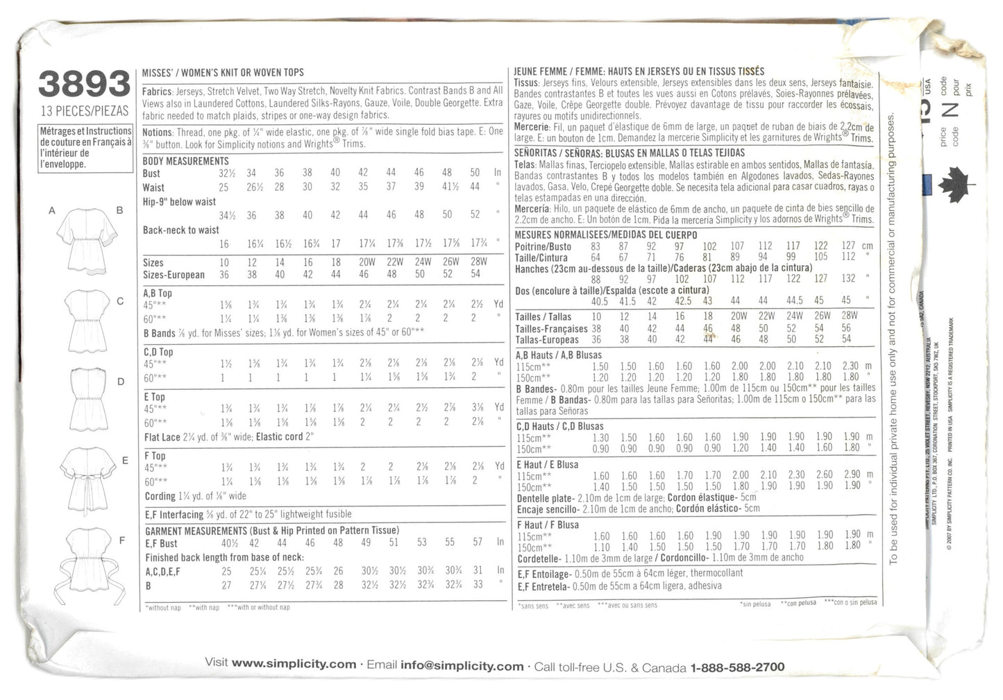 Simplicity 3893 Khaliah Ali Misses Knit or Woven Tops Sewing Pattern UNCUT  Size 10 12 14 16 18