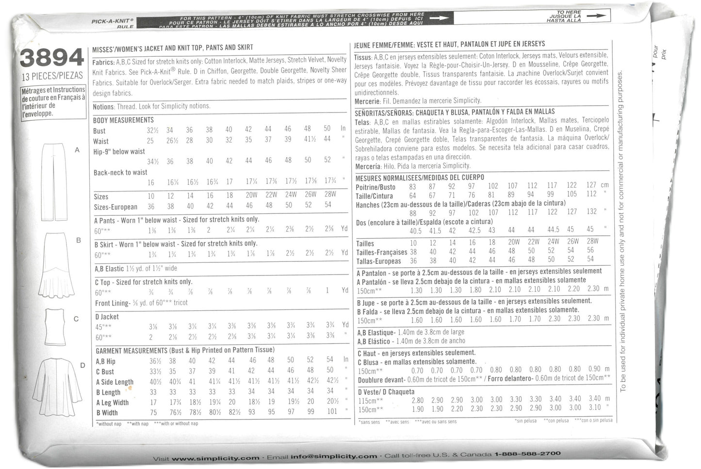 Simplicity 3894 Khaliah Misses Jacket and knit Top Pants and Skirt Sewing Pattern UNCUT Size 10 12 14 16 18