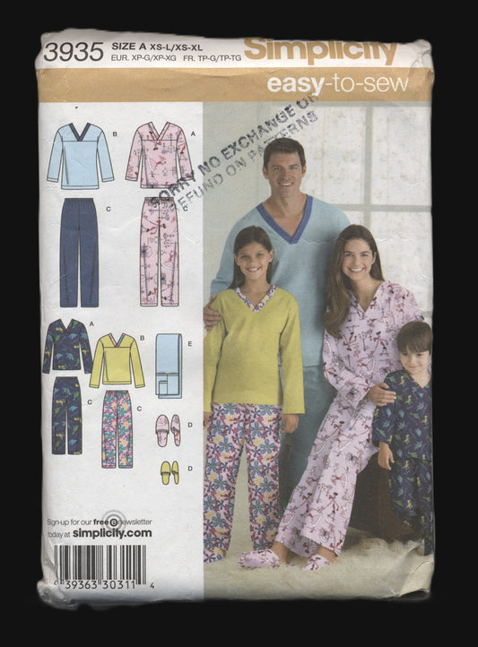 Simplicity 3935 Unisex Childs Teens and Adults Pants Top Slippers and Remote Control Holder  Sizes Sewing Pattern UNCUT Childs Size XS S M L Adults XS S M L XL