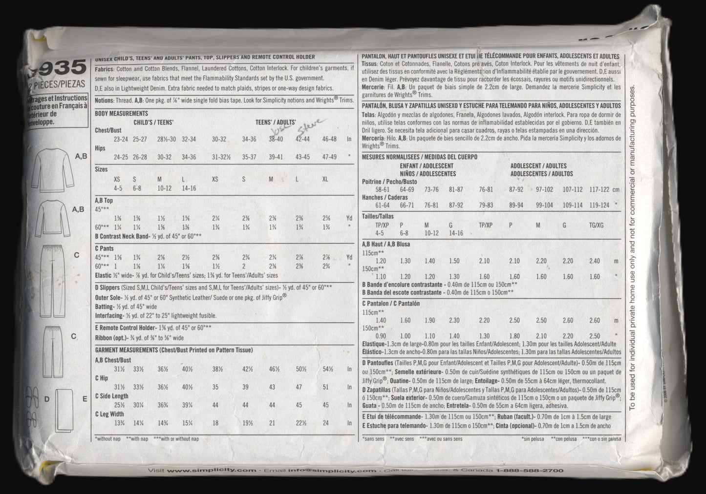 Simplicity 3935 Unisex Childs Teens and Adults Pants Top Slippers and Remote Control Holder  Sizes Sewing Pattern UNCUT Childs Size XS S M L Adults XS S M L XL