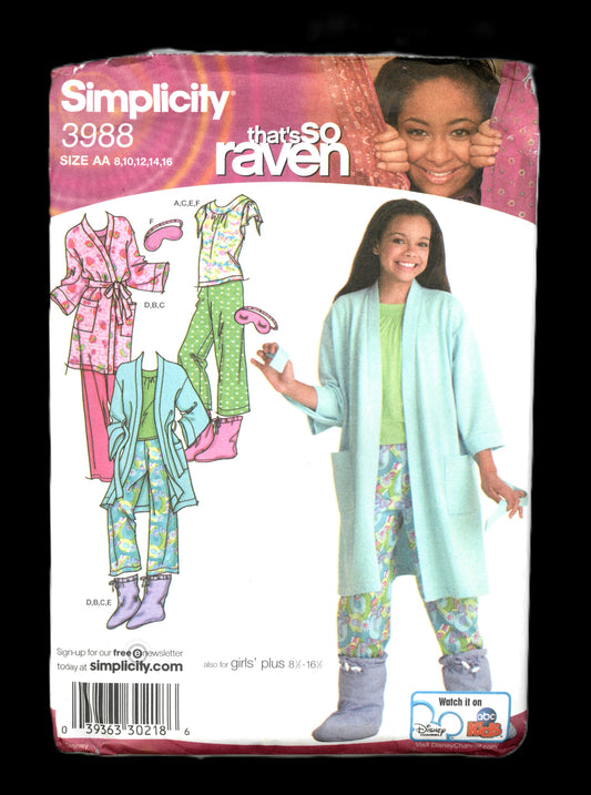 Simplicity 3988  that so RAVEN Girls Pants Robe Booties, Eyemask and Knit Top Sewing Pattern - UNCUT Size 8 - 16