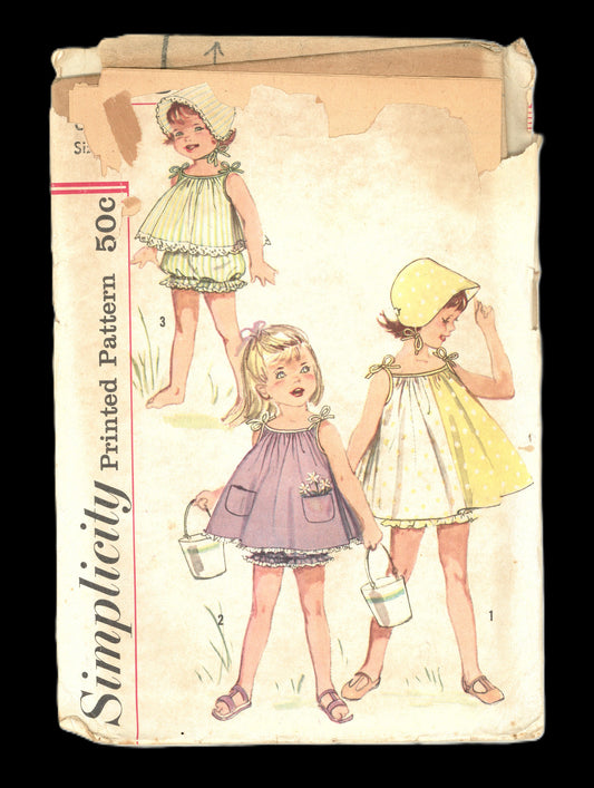60s Simplicity 3988 Child's Playdress, Top, Bloomers and Hat Sewing Pattern - UNCUT Size 2
