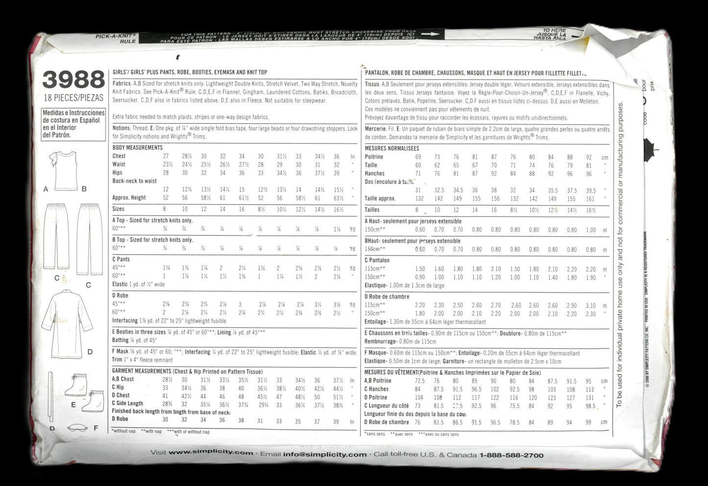 Simplicity 3988  that so RAVEN Girls Pants Robe Booties, Eyemask and Knit Top Sewing Pattern - UNCUT Size 8 - 16