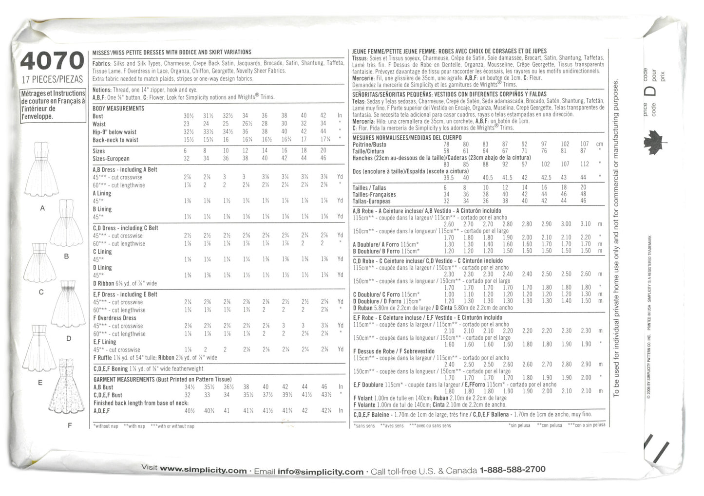 Simplicity 4070 Misses / Miss Petite Dresses with Bodice and Skirt Variations Sewing Pattern UNCUT Size 12 14 16 18 20