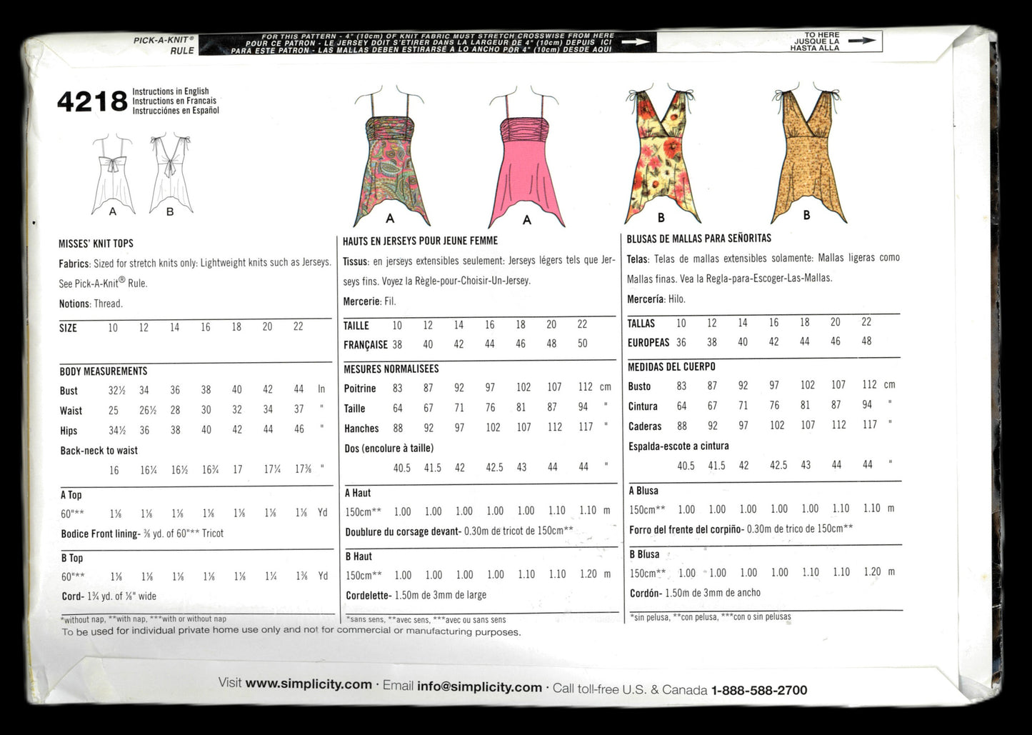 Simplicity 4218 Misses Summer Knit Tops Sewing Pattern  - UNCUT - Size 10 12 14 16 18 20