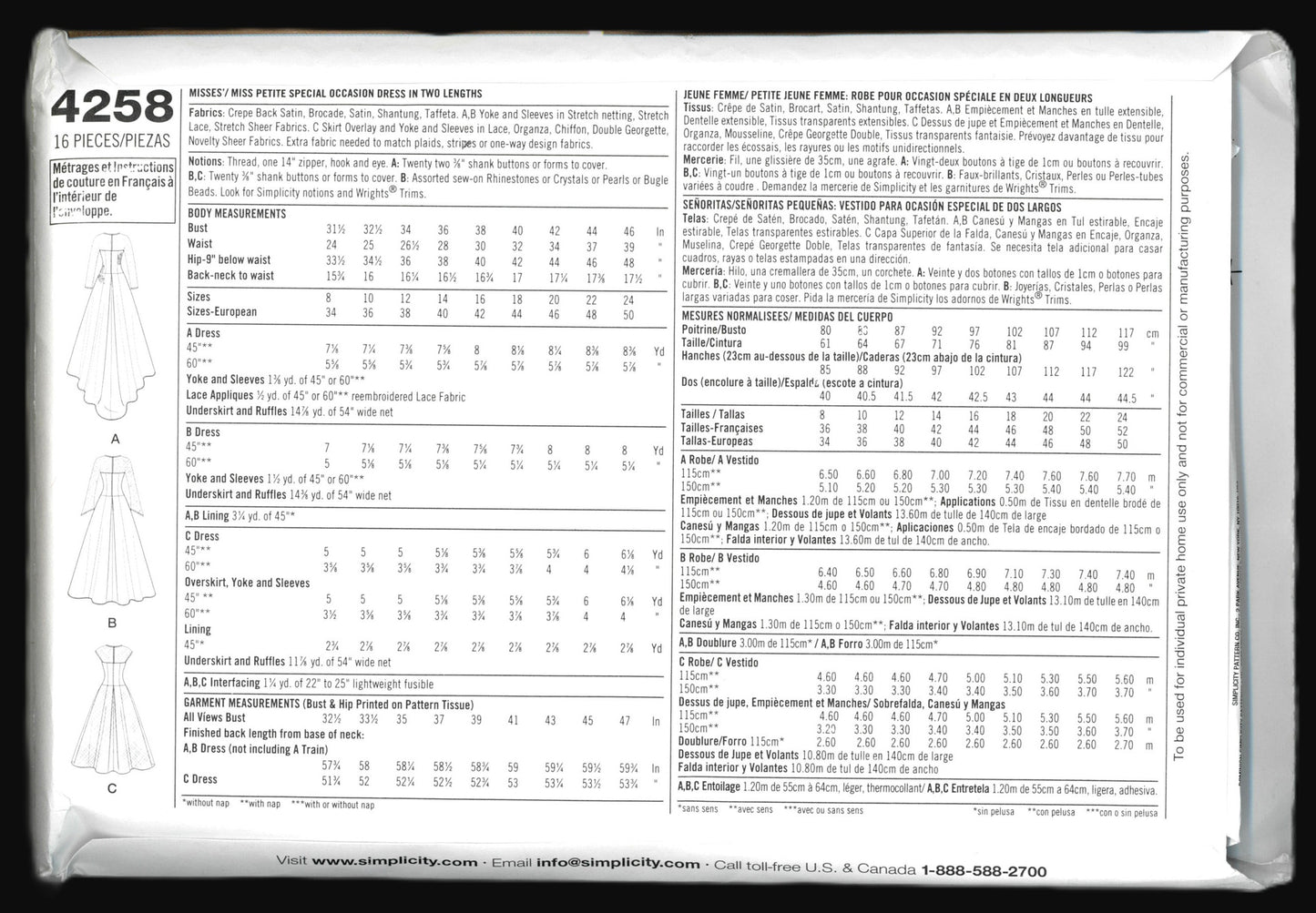Simplicity 4258 Misses / Miss Petite pecial Occasion Dress in Two Lengths Sewing Pattern - UNCUT - Size 8 10 12 14 16